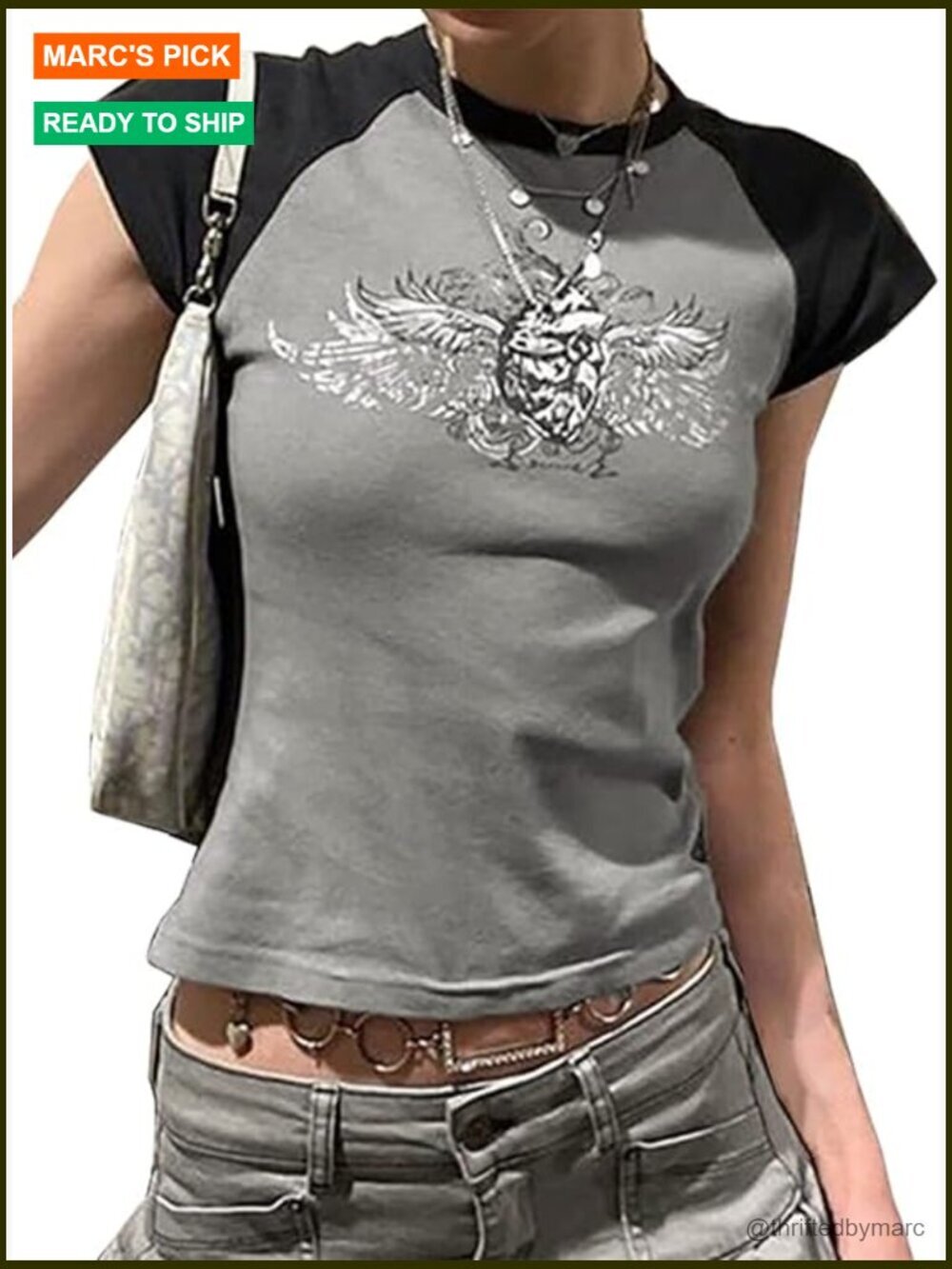 Y2K Crop Top Short Sleeve Crew Neck Graphic Tee Grunge Wing Print